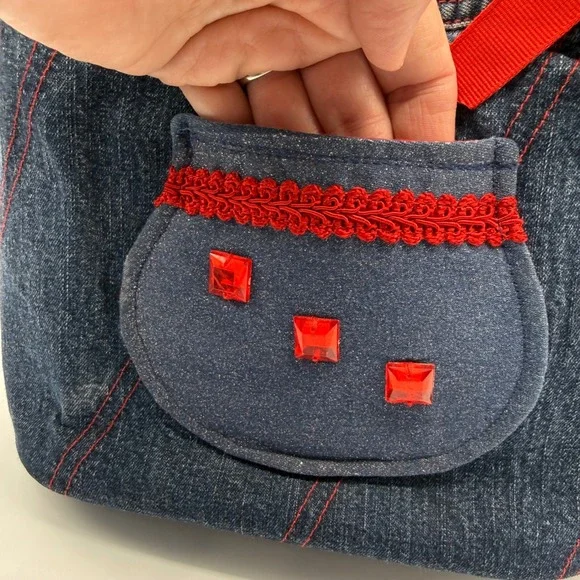 Handmade Denim‎ Jean Purse Red Trim Bow Accent Snap Closure - Picture 8 of 14